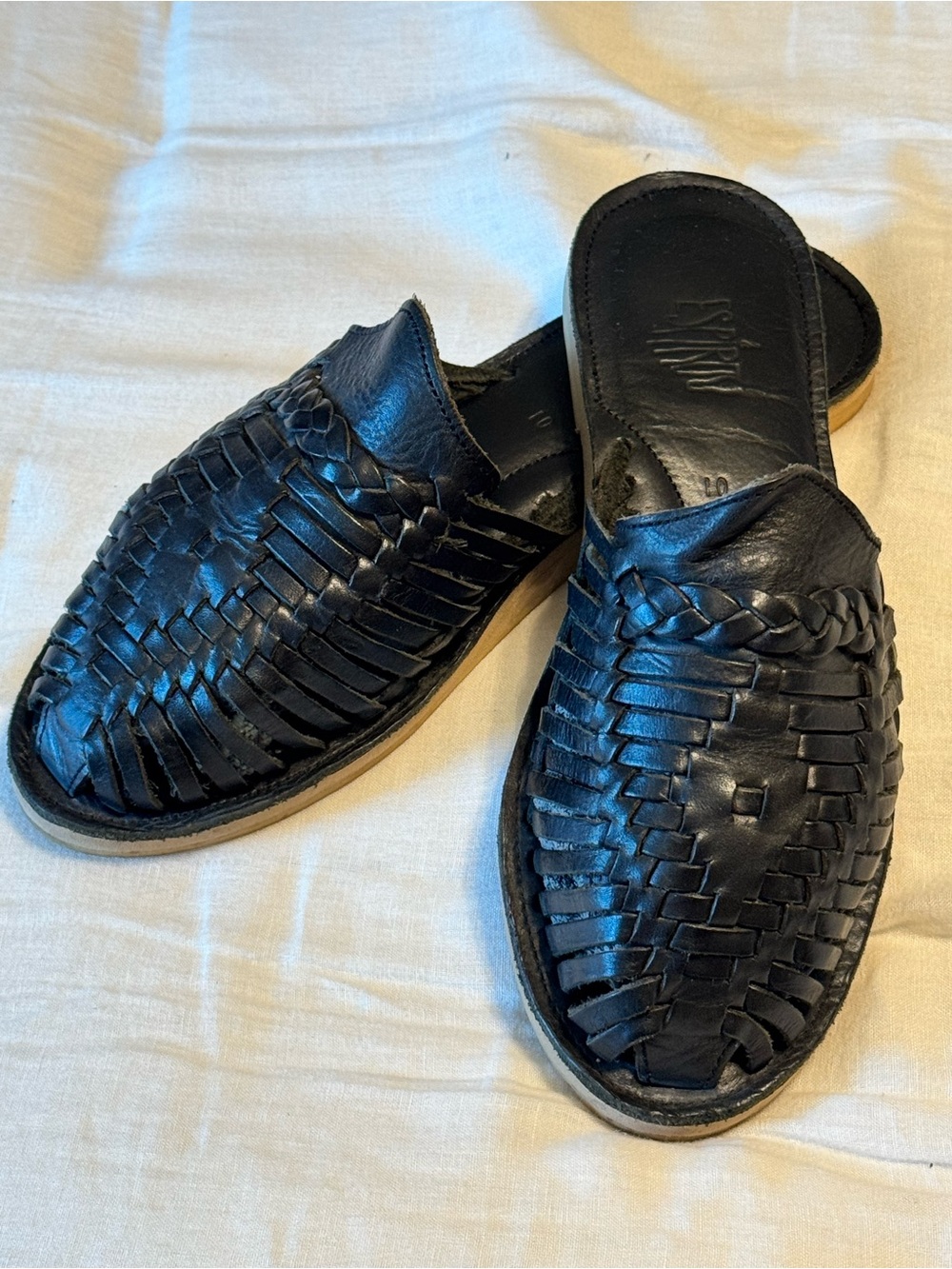 Espíritu Black Leather Woven Huarache Mule Sandals Women’s 10 Handmade Mexico